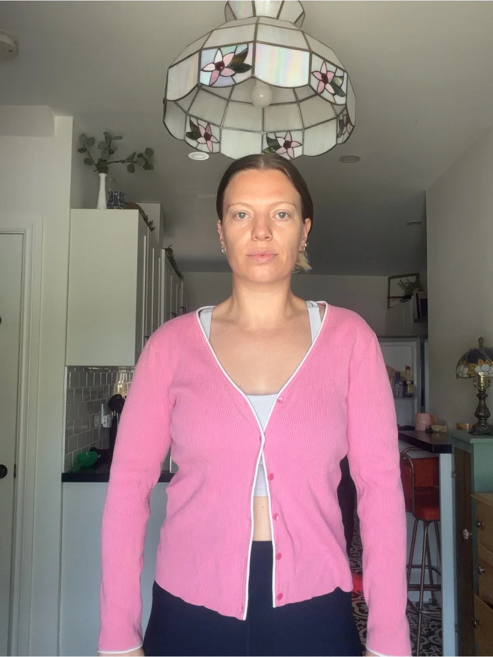 LOFT Pink Ribbed V-Neck Cardigan with white Trim - Picture 2 of 15